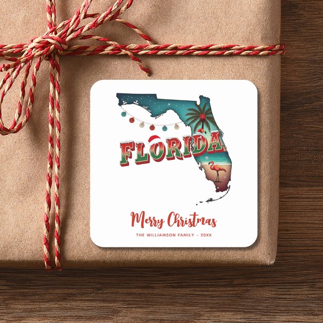 Florida State Christmas Map Square Sticker (Personalize greeting , Name, year.  Matching items in collection.
)
