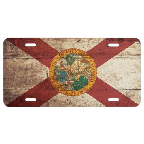 Florida State Flag on Old Wood Grain 1 License Plate