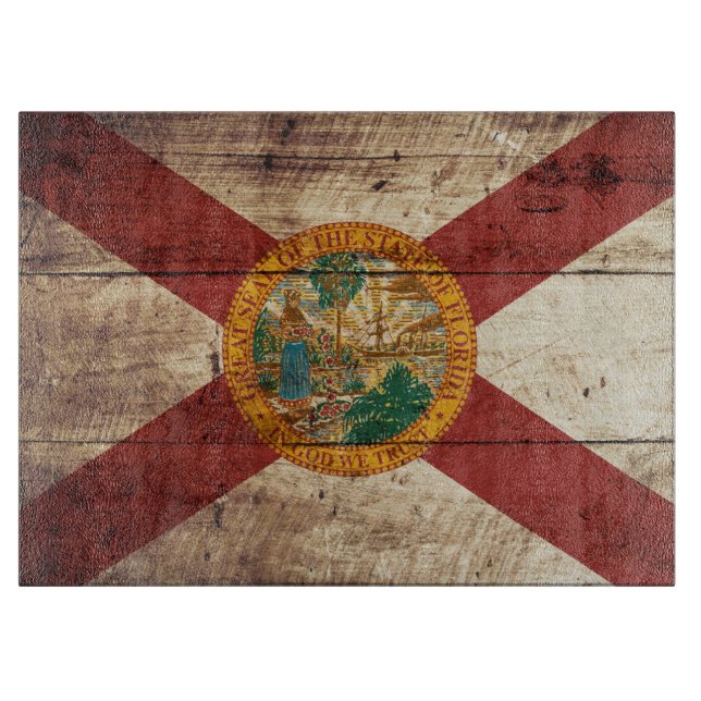 Florida State Flag on Old Wood Grain Cutting Board (Front)