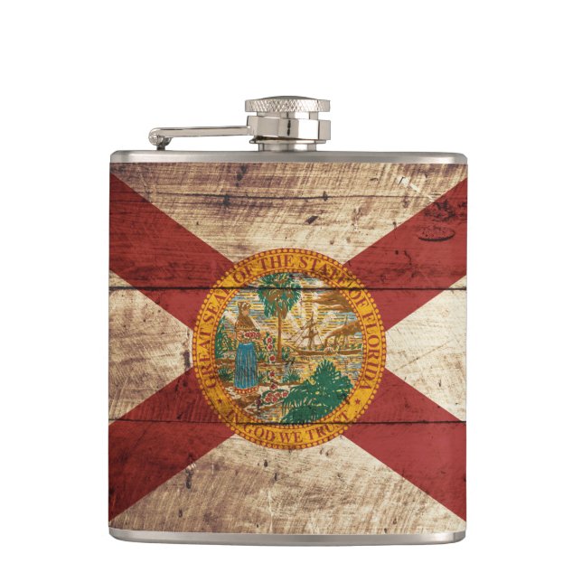 Florida State Flag on Old Wood Grain Hip Flask (Front)