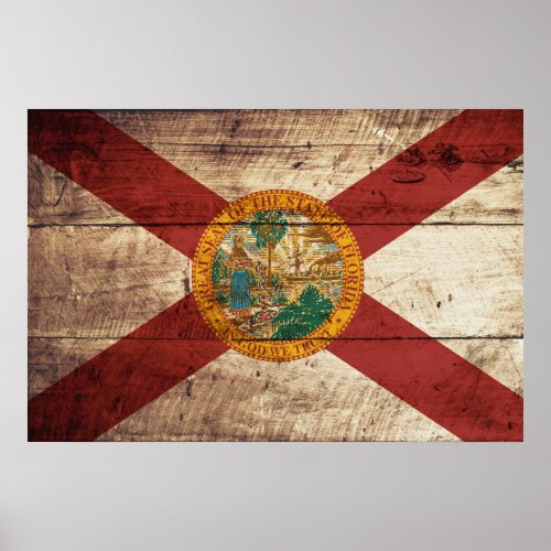 Florida State Flag on Old Wood Grain Poster