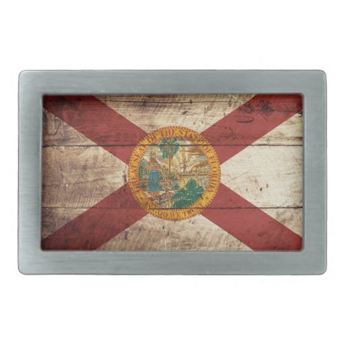 Florida State Flag on Old Wood Grain Rectangular Belt Buckle