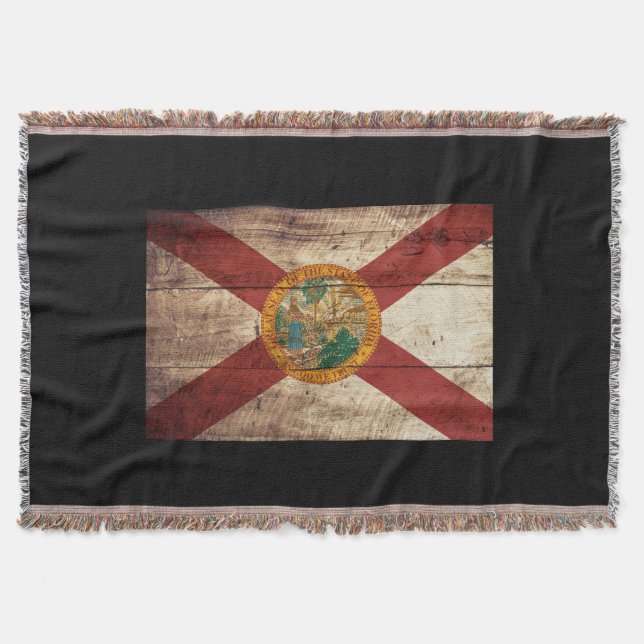 Florida State Flag on Old Wood Grain Throw Blanket (Front)