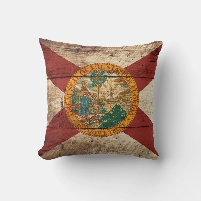 Florida State Flag on Old Wood Grain Throw Pillow (Front)