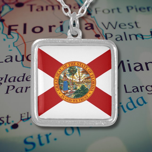 Florida State Flag Square Silver Plated Necklace (Florida State Flag Square Silver Plated Necklace)