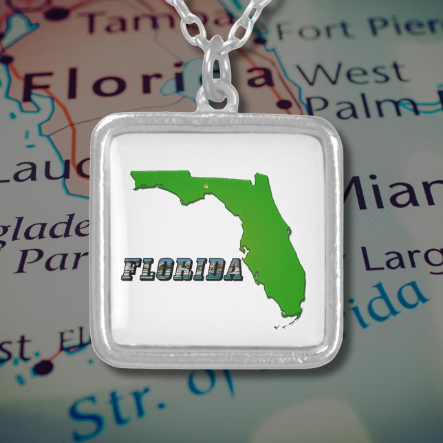 Florida State Map and Text Square Silver Plated Necklace (Florida State Map and Text Square Silver Plated Necklace)