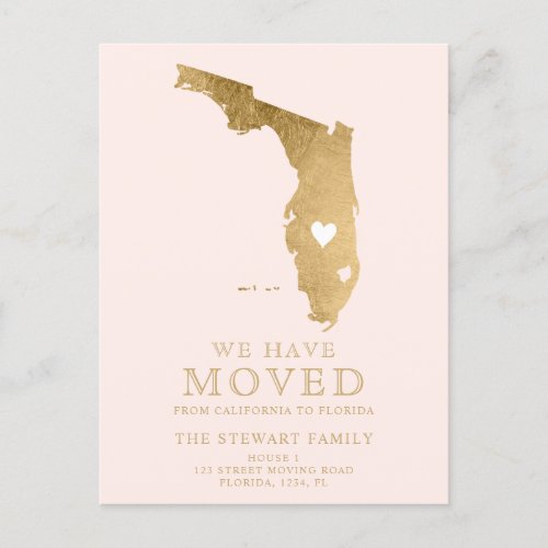 Florida state map blush pink gold home moving announcement postcard