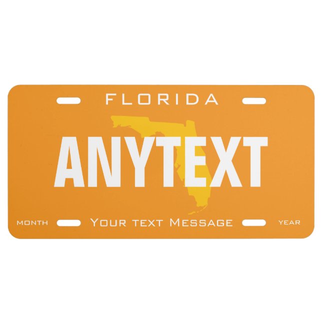 Florida State Map Editable Bold Orange White Text  License Plate (Front)