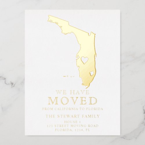 Florida state map heart home moving gold foil invitation postcard