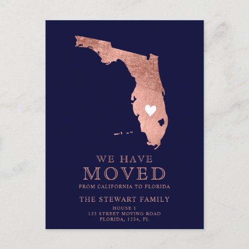 Florida state map navy blue rose gold home moving announcement postcard
