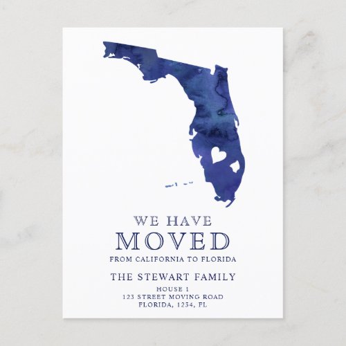 Florida state map navy blue watercolor home moving announcement postcard
