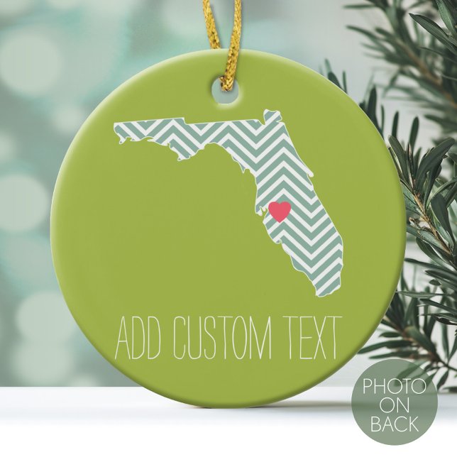 Florida State Map Outline with Custom Heart & Text Ceramic Ornament (Personalized Photo Ornament)