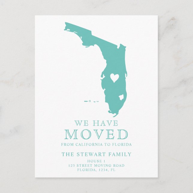 Florida state map teal green heart home moving announcement postcard (Front)