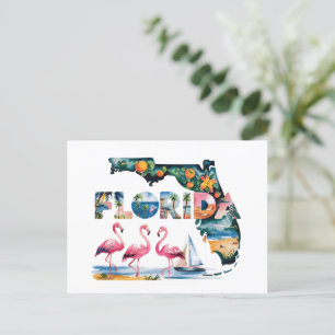 Florida State Map Tropical Pink Flamingos Postcard