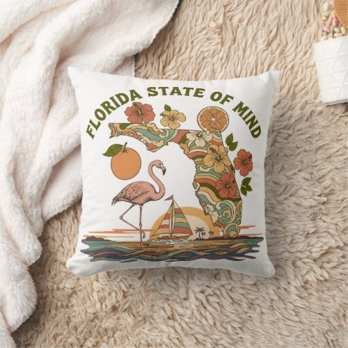 Florida State of Mind Retro Flamingo Sailboat Gift Throw Pillow