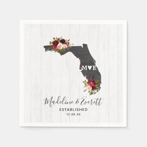 Florida State Rustic Wood Wedding Monogram Napkins