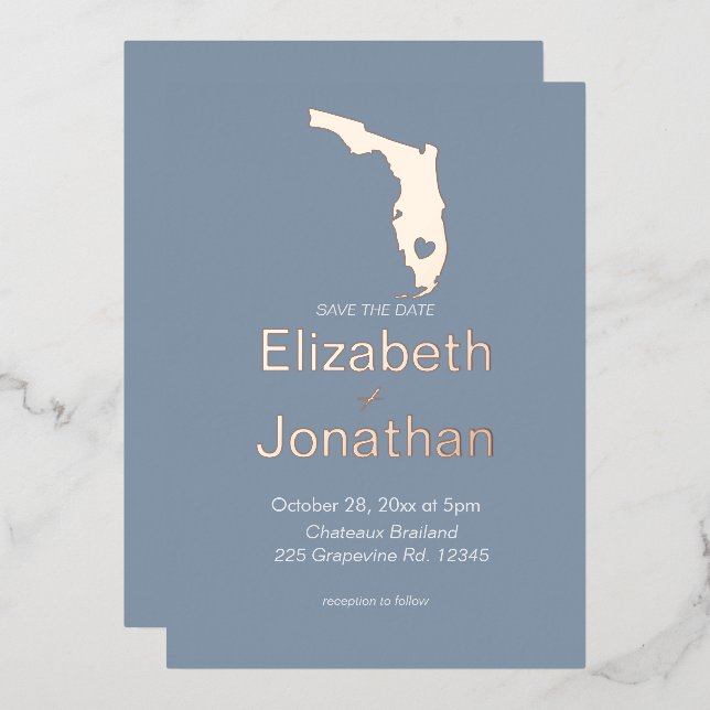 Florida State Silhouette Destination Wedding Rose  Foil Invitation (Front/Back)