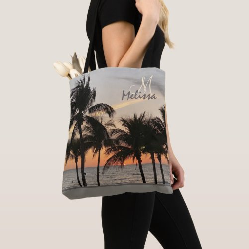 Florida Sunset Palm Tree Ocean Monogram Name Tote Bag