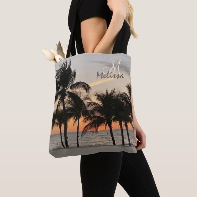 Florida Sunset Palm Tree Ocean Monogram Name Tote Bag (Close Up)