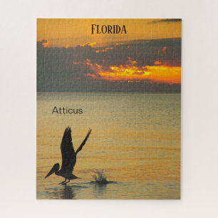 Florida Sunset Pelican Taking Off On Gulf Coast Jigsaw Puzzle