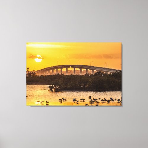 Florida Sunset Titusville Bridge Birds in Water Canvas Print