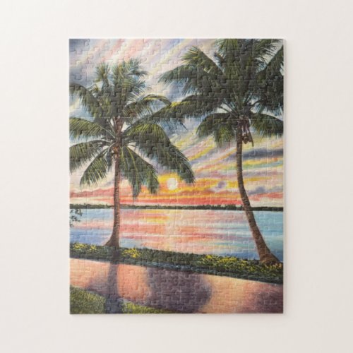 Florida Sunset with palm trees colorful Jigsaw Puzzle