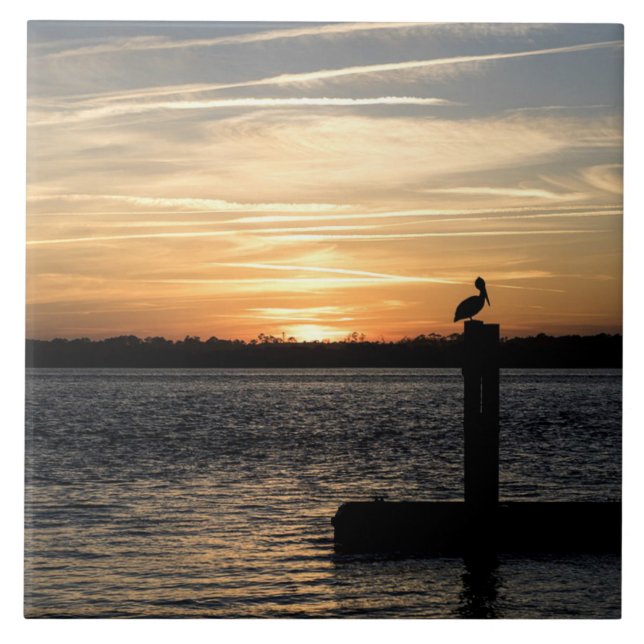 Florida Sunset with Pelican Ceramic Tile (Front)