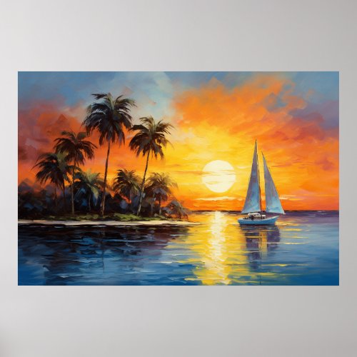 Florida Sunset with Sailboat Oil Painting Poster
