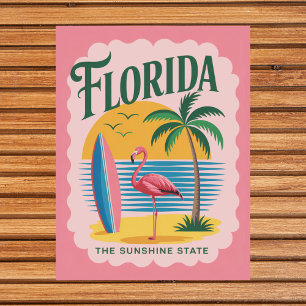Florida The Sunshine State Retro Flamingo Surf Postcard