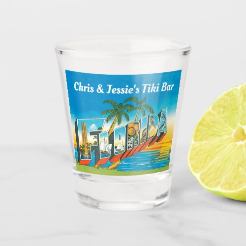 Florida Tiki Bar with names and beach sunset Shot Glass