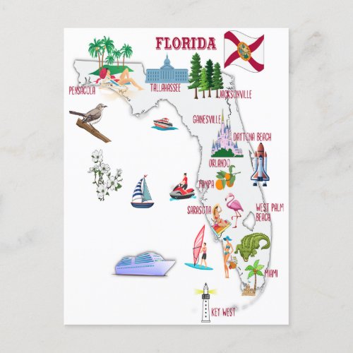 Florida tourist map with landmarks  postcard