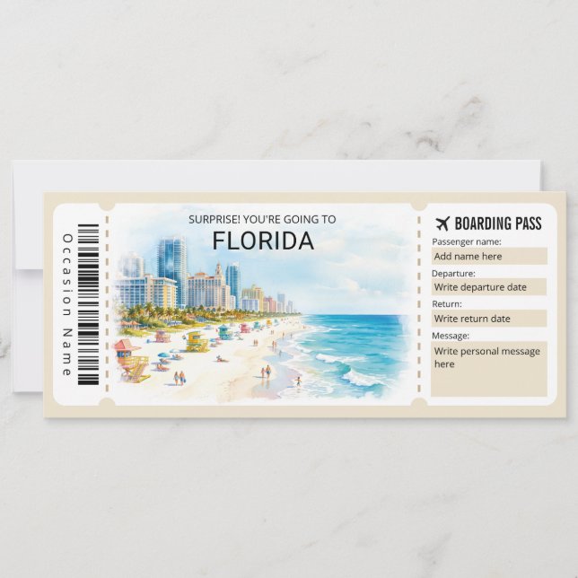 Florida Trip Boarding Pass Ticket Invitation (Front)