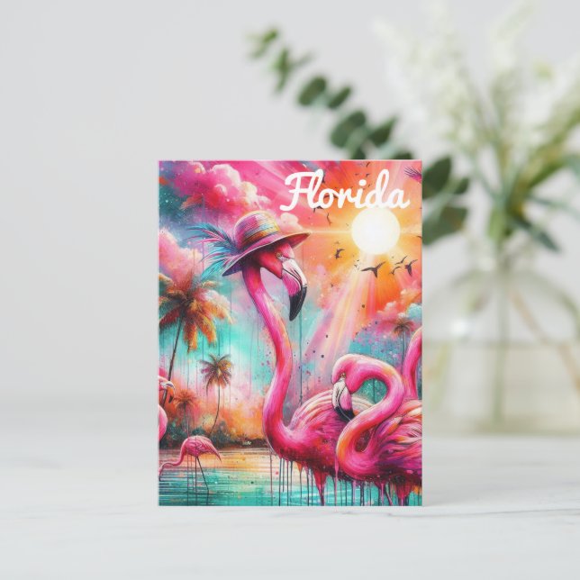 Florida Tropical Pink Flamingos Palm Trees Sun Postcard (Standing Front)