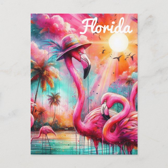 Florida Tropical Pink Flamingos Palm Trees Sun Postcard (Front)