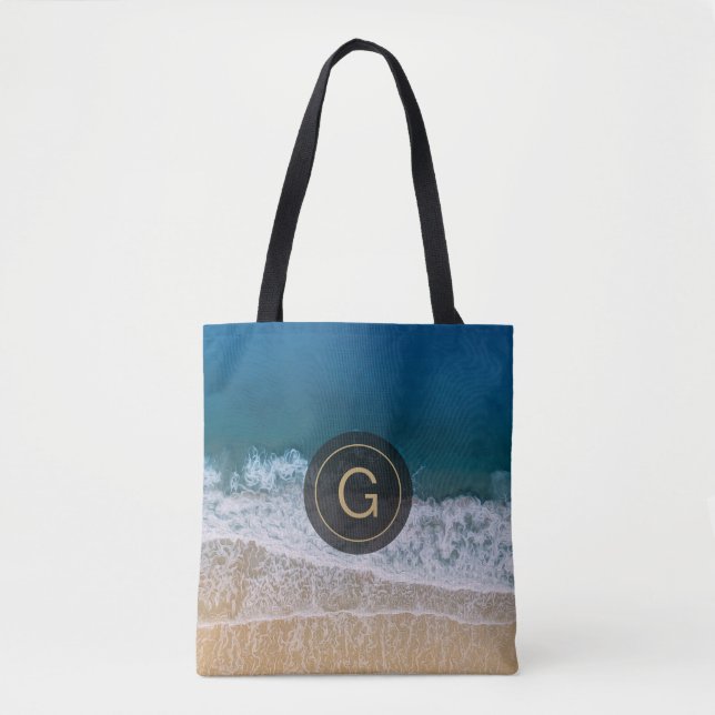Florida Turquoise Blue Sea & Beach Custom Monogram Tote Bag (Front)
