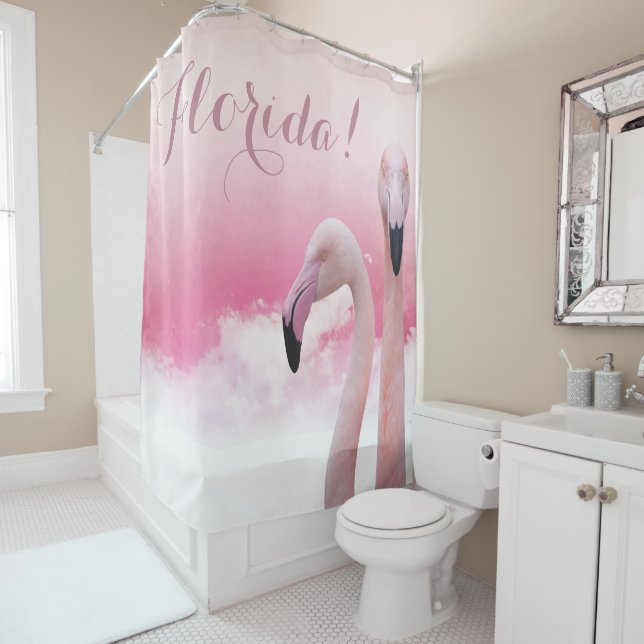 Florida Two Pink Flamingos Shower Curtain (In Situ)