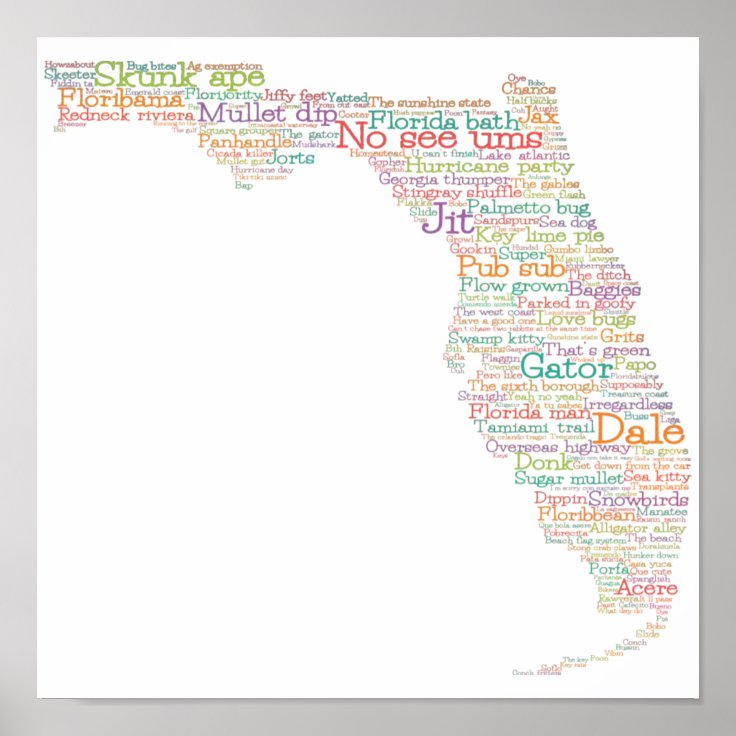 Florida USA Slang Word Art Map Poster Zazzle