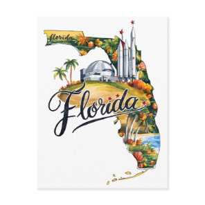 Florida USA State Shaped Vintage Watercolor Postcard