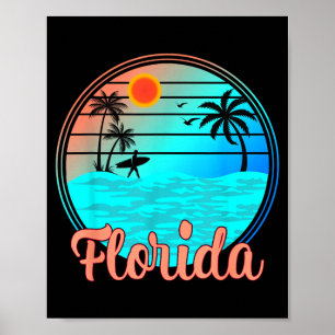 Florida Vintage Palm Tree Sunset Trocal Surfing Poster