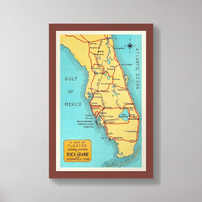 Florida Vintage Postcard Map Print (Framed Front)