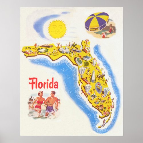 Florida vintage tourism map of attractions poster