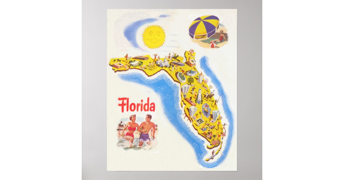 Florida vintage tourism map of attractions poster | Zazzle