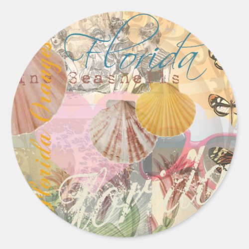 Florida Vintage Travel Beach Seashell Shell Art Classic Round Sticker