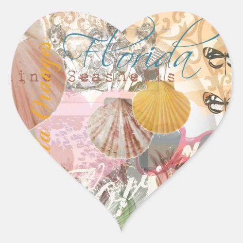 Florida Vintage Travel Beach Seashell Shell Art Heart Sticker