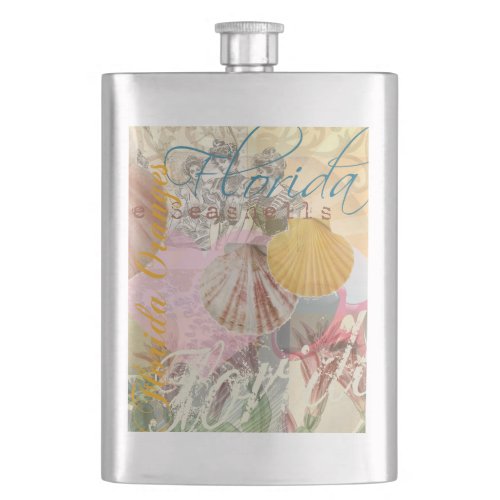 Florida Vintage Travel Beach Seashell Shell Art Hip Flask