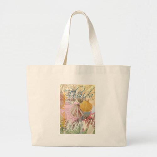 Florida Vintage Travel Beach Seashell Shell Art Large Tote Bag