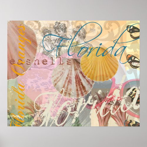 Florida Vintage Travel Beach Seashell Shell Art Poster