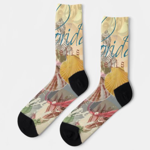 Florida Vintage Travel Beach Seashell Shell Art Socks