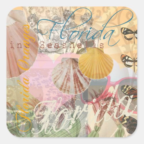 Florida Vintage Travel Beach Seashell Shell Art Square Sticker