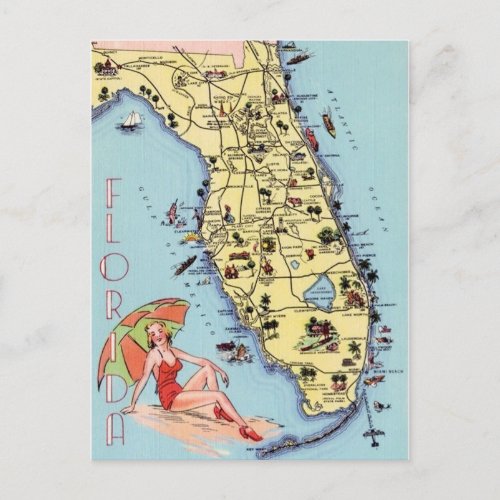 Florida vintage travel map with attractions postcard